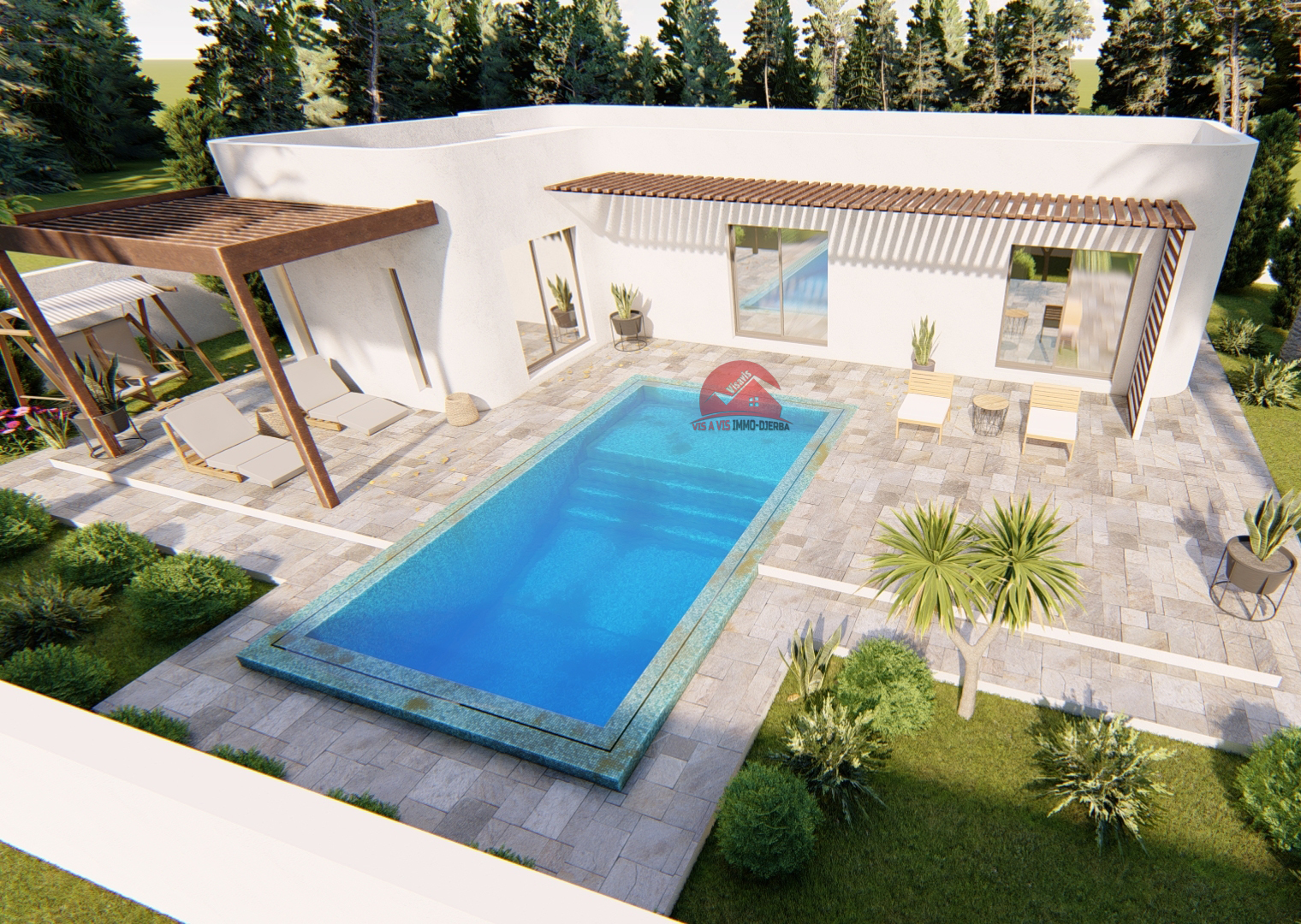 Modèle de plan avec 2 chambres et piscine privée - Réf P554